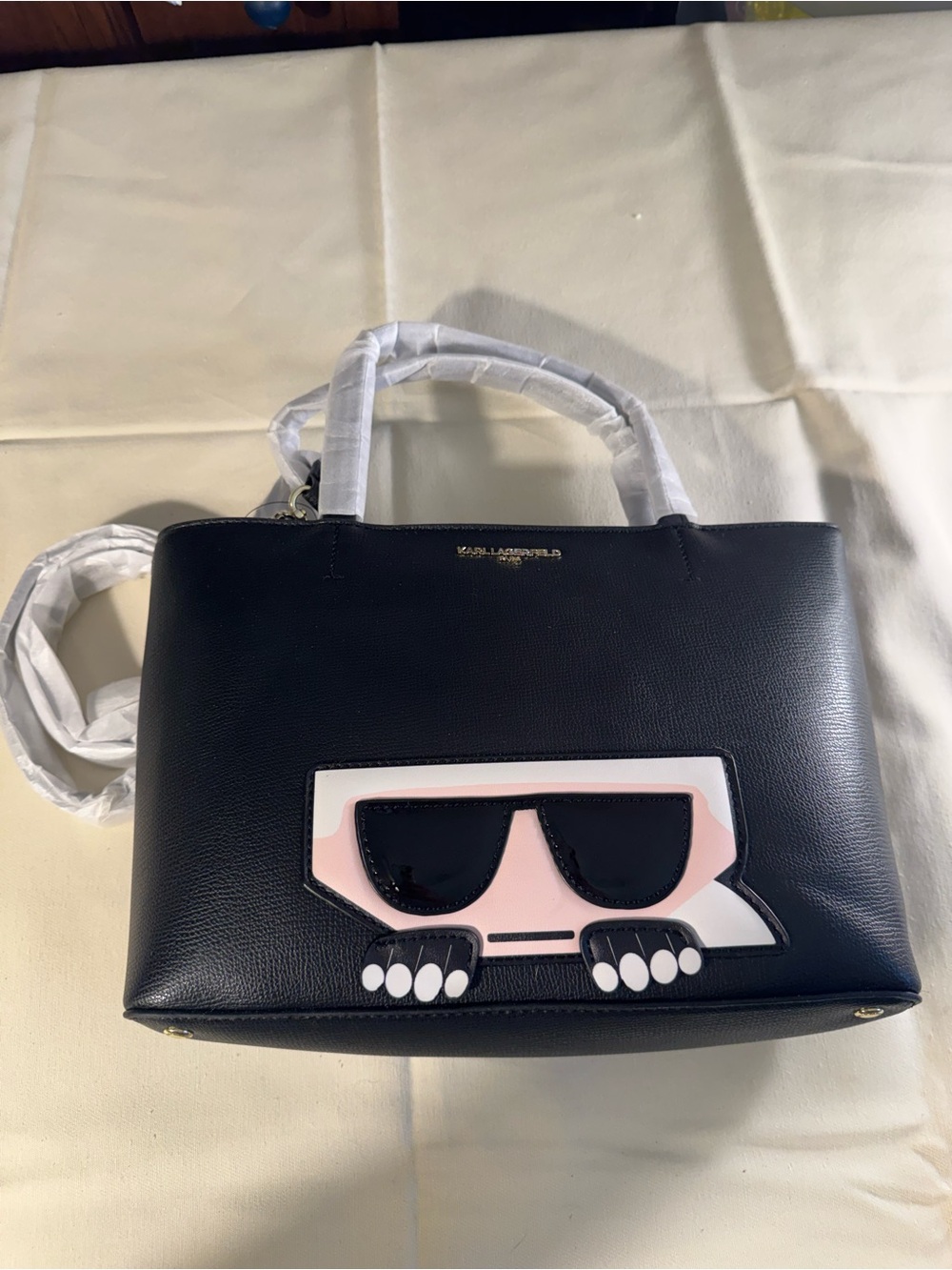 Karl Lagerfeld Black Satchel with Pink & White Graphic Accent